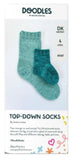 A pattern leaflet for Doodle top-down socks showing three finished socks in different shades of yarn.