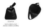 Black drawstring bag with measurements on a white background