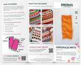 Knitting pattern leaflet for fingerless mitts with colorful illustrations and text.