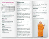 Pattern leaflet for doodle fingerless mitts with yarn color and hand measurement illustration.