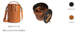 Brown leather bag with black interior, dimensions, and color options displayed.