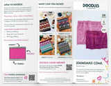 Knitting pattern leaflet with colorful illustrations and text.