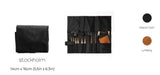 Black leather travel case with tools and dimensions displayed on a white background