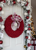  Burgundy Loop Wreath with snowman ribbon & white ceramic knitted ornament -  17"diameter 