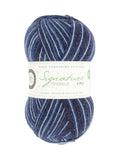 Blue yarn ball with a West Yorkshire Spinners label on a white background
